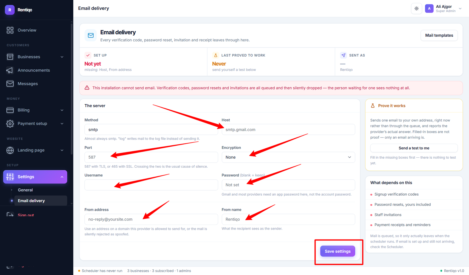 Email delivery settings