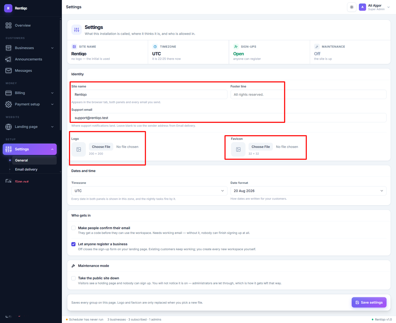 General settings screen