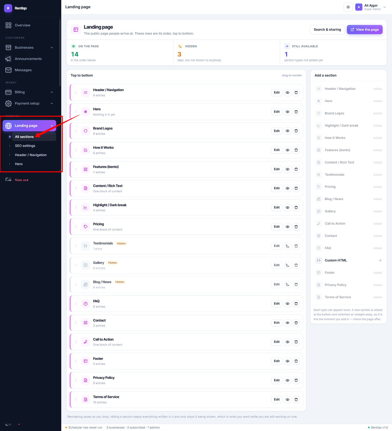 Landing page sections