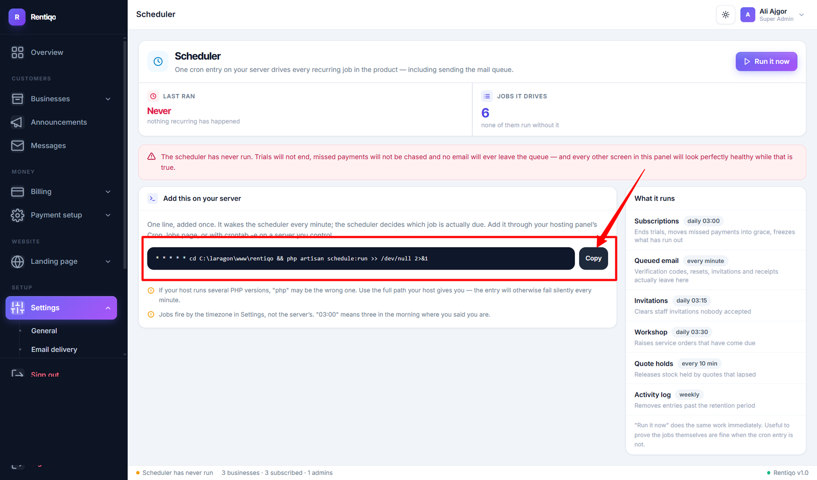 Scheduler settings screen