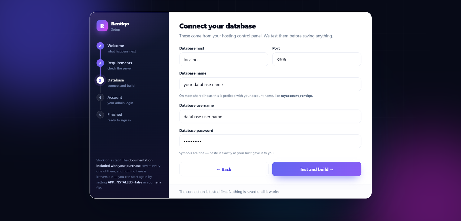 Installer database configuration