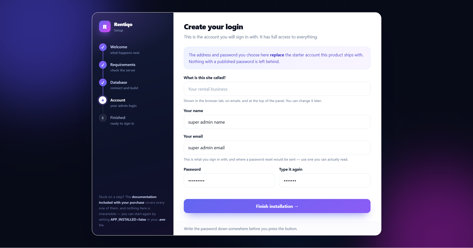 Installer admin account creation