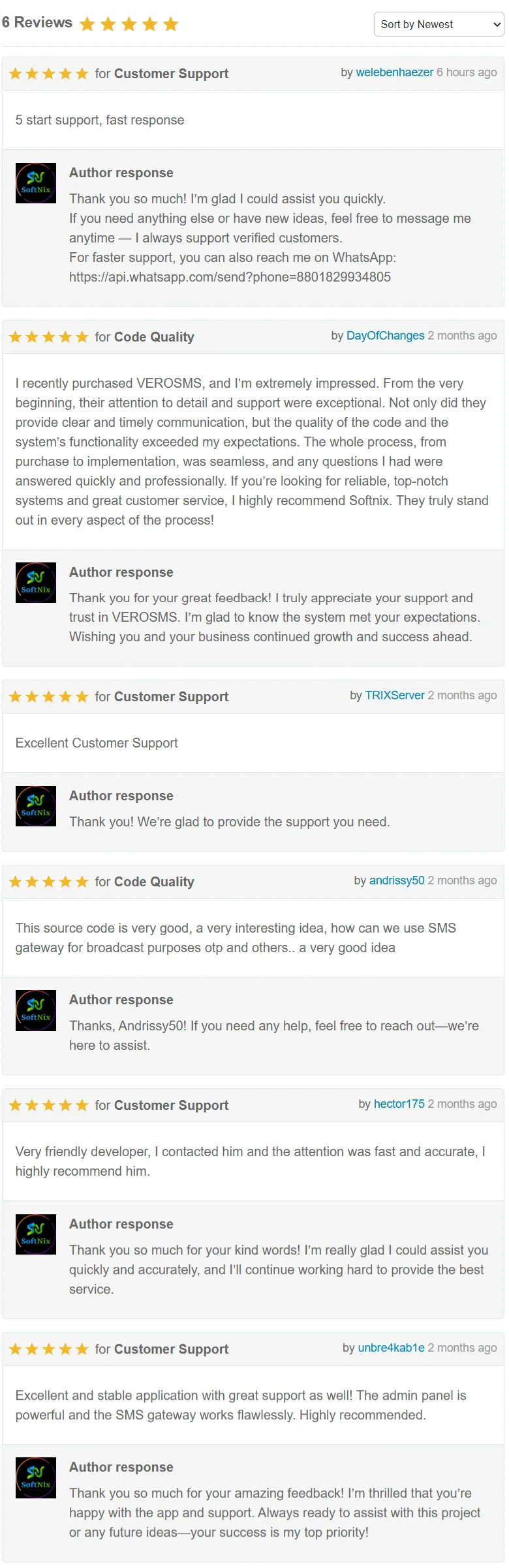 VeroSMS customer reviews on CodeCanyon